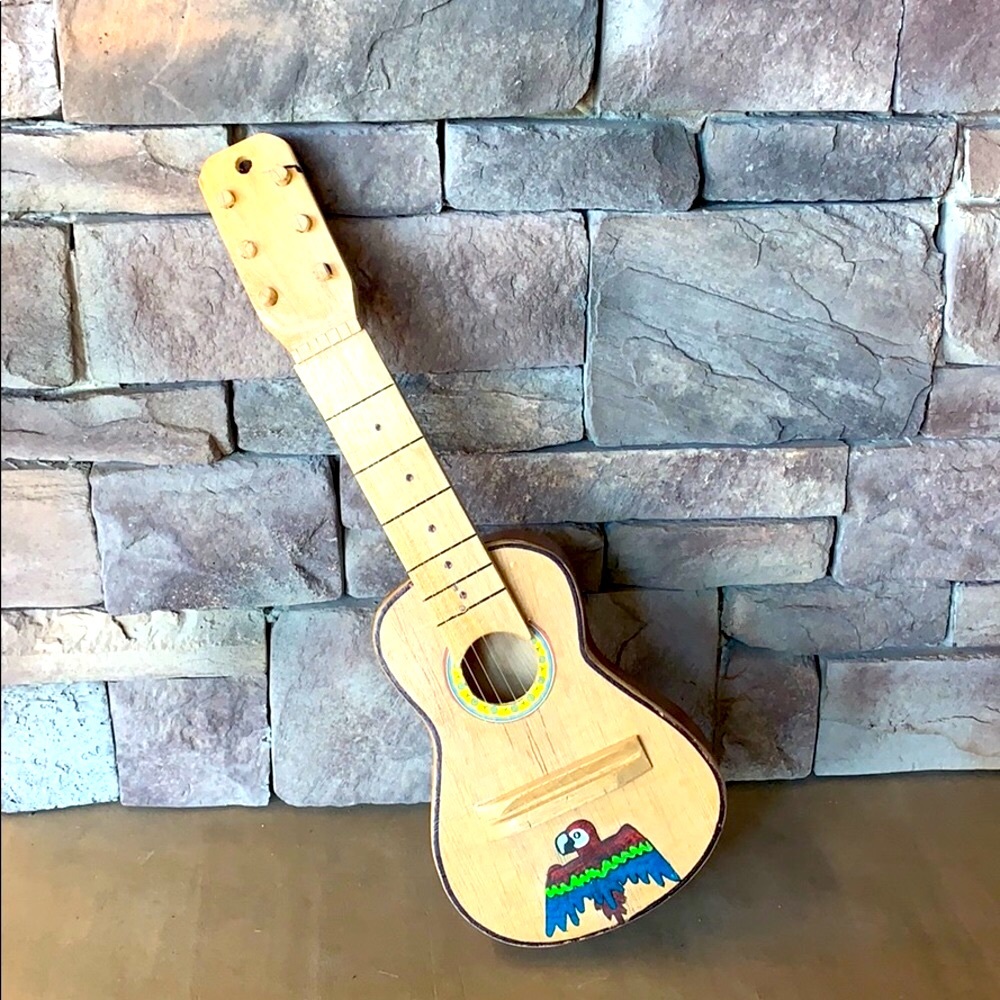 Wood Painted Mini Guitar | Mexican Imported Decor Bird Painted Front Instrument